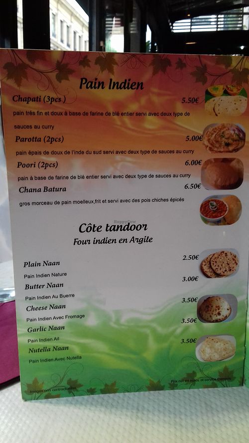 Menu at Saravanaa Bhavan in Paris