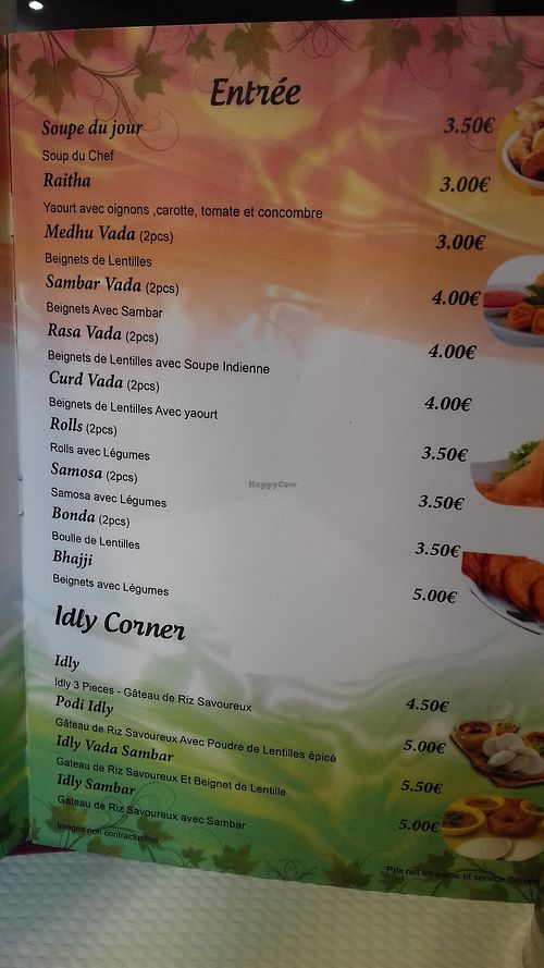 Menu at Saravanaa Bhavan in Paris