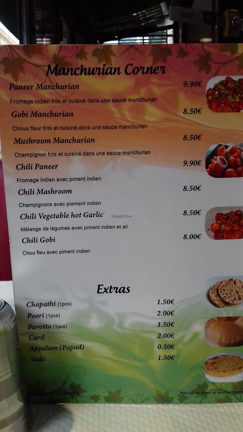 Menu at Saravanaa Bhavan in Paris