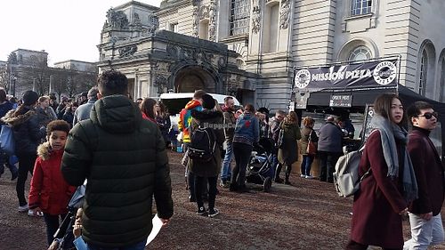 Long queue at Cardiff Viva! Vegan Festival  at Mission Pizza - Left Handed Giant Brewpub in Bristol