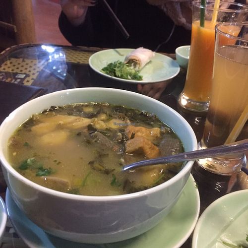roots and banana soup with greens. nice herbs.  at An Lac Chay - Tay Ho District in Hanoi