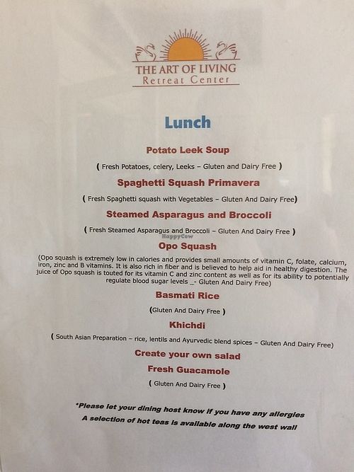 An example of a lunch menu at Art of Living Retreat Center in Boone
