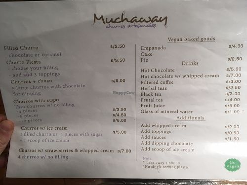 menu at The Churro Bar & Vegan Bakery in Cusco