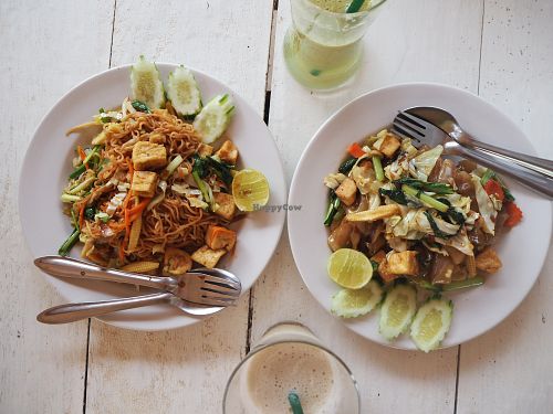 Fried thick noodles with tofu and veggies (pad se ew) and mama pad vegan! Kiwi smoothie and banana smoothie. Delicious! at The Chill in Trat