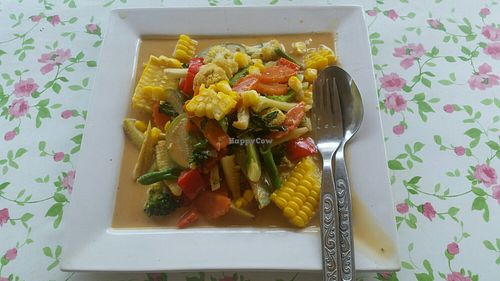 Delicious mixed vegetables with red curry sauce at The Chill in Trat