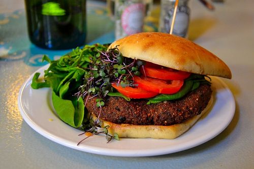 Veggie burger with micro greens at Morning Day Cafe in Liberty