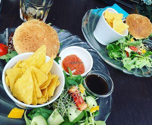 Vegan burger with nachos  at Reflection Bar & Bistro in Winterthur