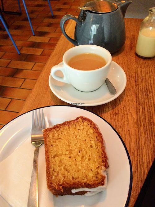 The most delicious vegan iced lemon cake and a pot of earl grey tea with soya milk. at MANA in Aix-en-provence