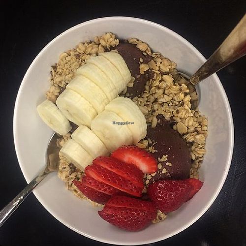 Acai bowl topped with granola, bananas, and strawberries  at Brazilian Acai Bowls in Bakersfield