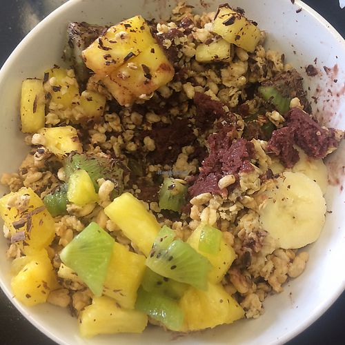 Hawaiian acai bowl with dark chocolate shavings at Brazilian Acai Bowls in Bakersfield