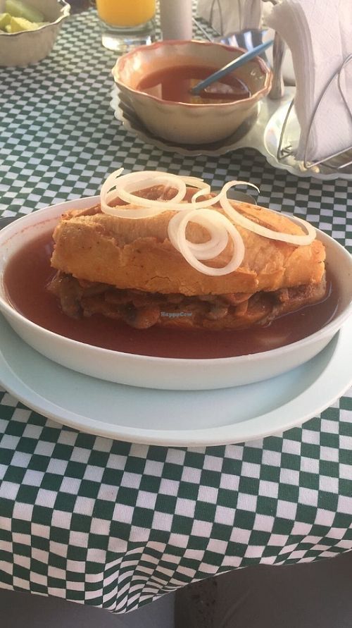 Torta ahogada. This is one of the most famous foods in Guadalajara.  at La Estancia Vegana in Guadalajara