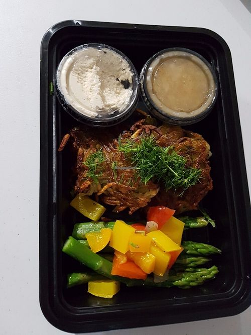 POTATO LATKAS W/CASHEW SOUR CREAM  at Vegan on the Go in Toronto