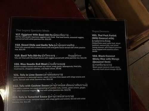 Vegan menu (back) at Thai Legacy in Brandon