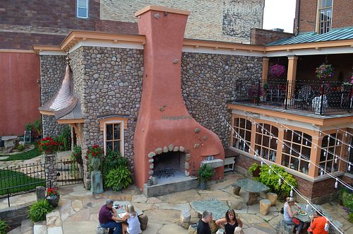 The courtyard seating is made from jade, and the open fireplace provides beautiful ambience.  at The Courthouse Inn & Restaurant in Lisbon