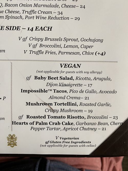 Vegan menu   at Wynn Hotel - La Cave in Las Vegas