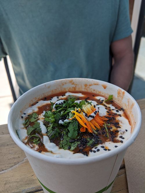 Vegan Chilli - served lukewarm, not sure if that was on purpose but incredibly yummy at Harvest Cafe in Ventura