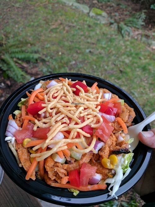 Erie salad: buffalo soy curls, grilled corn, onion, tomato, carrot, crunchy things  at Fatsquatch PDX - Food Cart in Portland