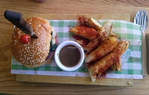 Gourmet Hamburger with paprika  potato wedges. at Macai in Puerto Vallarta