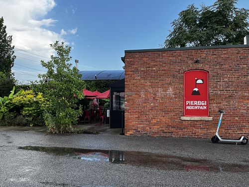 View from the parking lot. I circled the block several times before seeing it…🤷‍♀️  at Pierogi Mountain in Columbus