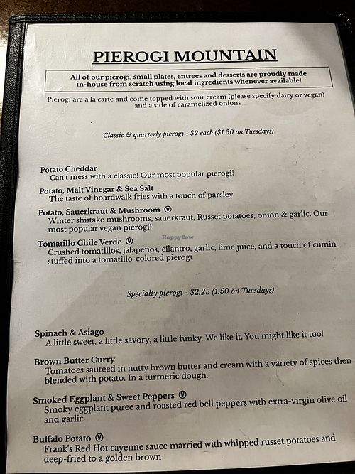One page of the menu  at Pierogi Mountain in Columbus