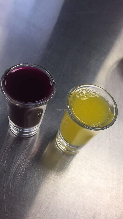 vegan beet kvass shot with orange juice chaser at The Weekly Juicery - Palomar Centre in Lexington