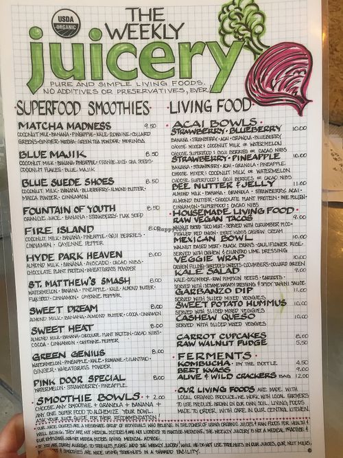 great all vegan menu!! at The Weekly Juicery - Palomar Centre in Lexington