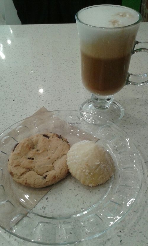 cappuccino,  cookie,  date-treat at Delicieux Veg Fusion Cafe in Montreal