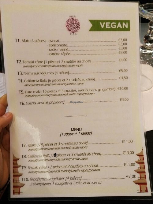 Menu vegan at Sakura in Paris
