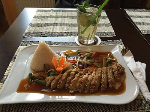 Faux duck with vegetables and rice at Vegan Express in Leipzig