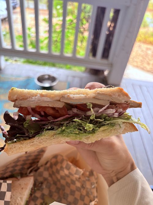 Vegan deli sandwich with tofu and vegan mayo.   at The Ridge Cafe in North San Juan