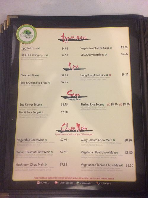 vegetarian menu 1 at Hong Kong Chop Suey in Hanford