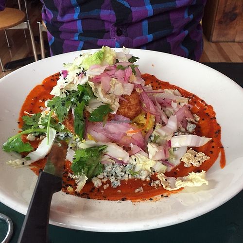 Tofu Jerry...panko breaded tofu with blue cheese, sriracha and asian cabbage slaw at Cafe Miranda in Rockland
