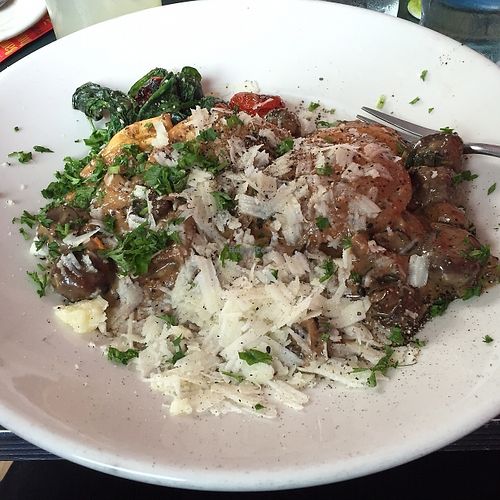 Homemade pierogies with mushrooms, onions and roasted greens...yum! at Cafe Miranda in Rockland