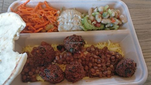 Spicy kale felafel with lentils, rice, assorted sides at Yalla Mediterranean in Seal Beach