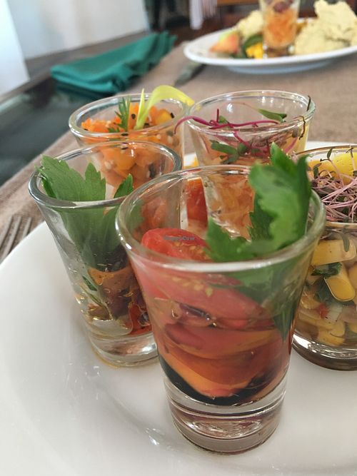 I love these little shots of different salads etc, healthy and yummy! at The Poya Day Vegan Buffet in Mount Lavinia