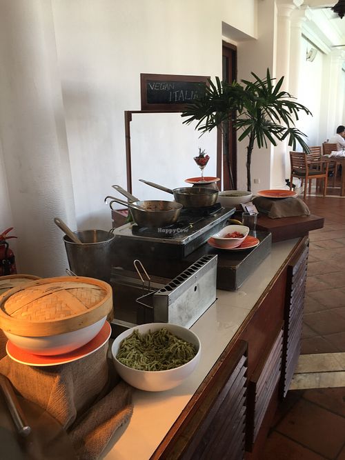 You usually have two types of pasta to choose from - a pesto and a tomato one usually.
 at The Poya Day Vegan Buffet in Mount Lavinia