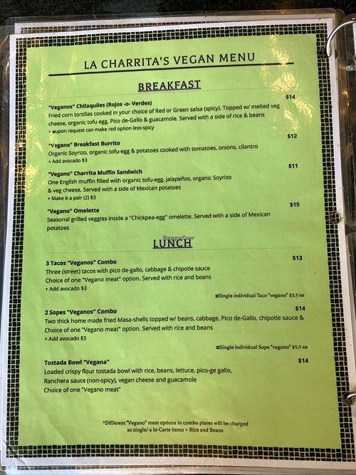 Page 1 of La Charrita vegan menu  at La Charrita in Santa Clarita