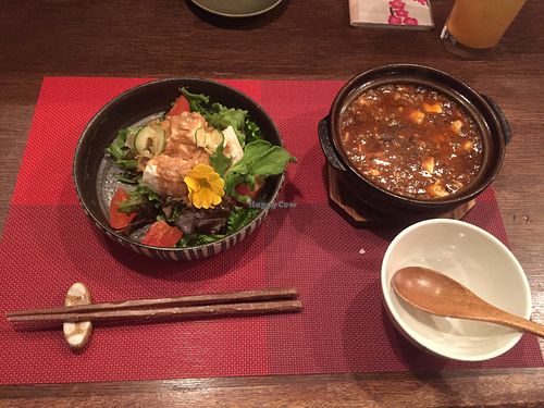 Tofu sald in sesame dressing (left), mapo tofu (right) at Saizencyuka anzu in Nagoya