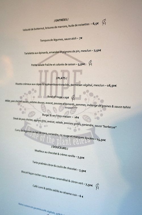 Menu (as of Feb. 2016) at Hope in Paris