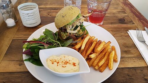 Vegan burger with fries and mayo at Hope in Paris