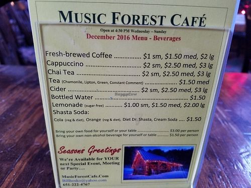 menu at Music Forest Cafe in St Paul