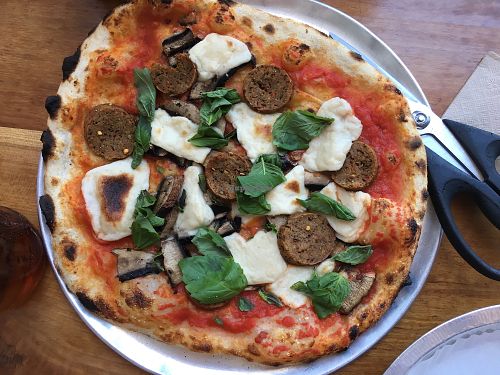 Vegan sausage and vegan mozzarella are both house made and on the toppings menu  at Pompieri Pizza in Durham