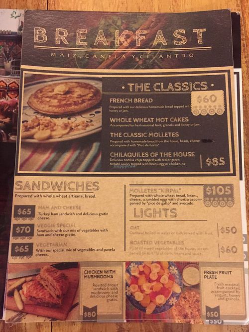 Breakfast menu page 1  at Maiz- Canela and Cilantro in Merida