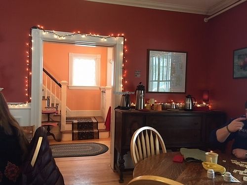 Self serve coffee and tea station with fresh baked goods made on premises that morning. at Acacia House Inn in Bar Harbor