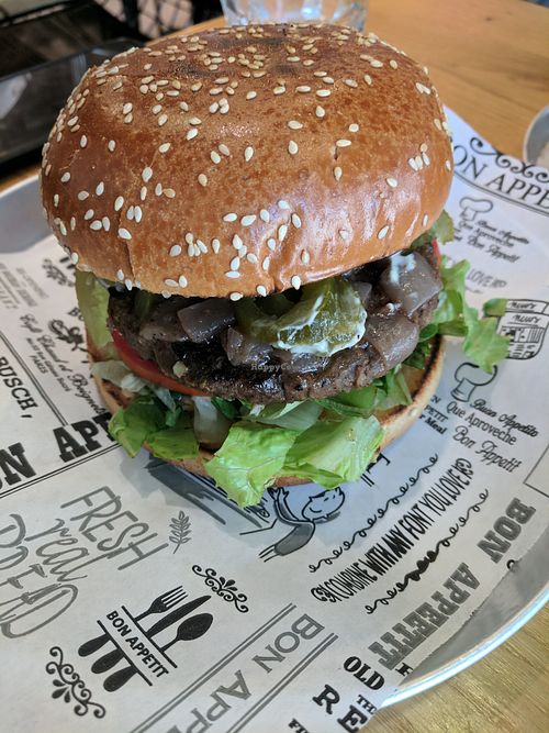 The "homeade burger", mushroom and soy based.  at Goodness in Tel Aviv