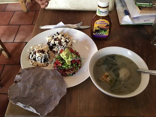 Vegan sopes with guias soup!!  at Latitud 17 in Oaxaca