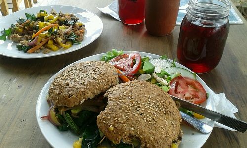 fried veggies (of menu of day) and vegan baguette  at Latitud 17 in Oaxaca