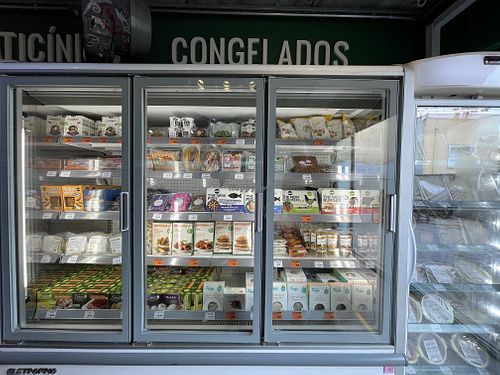 Large selection of vegan meats at Olive - Mercadinho Natural in Sao Paulo