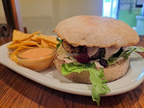 Veggie Burger plus nacho chips at Chilimosa in Tarifa