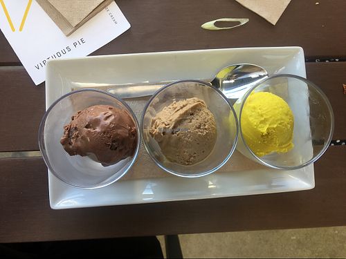 flight if ice creams - Salted caramel double chocolate, donuts+coffee, Turmeric black pepper at Virtuous Pie in Portland